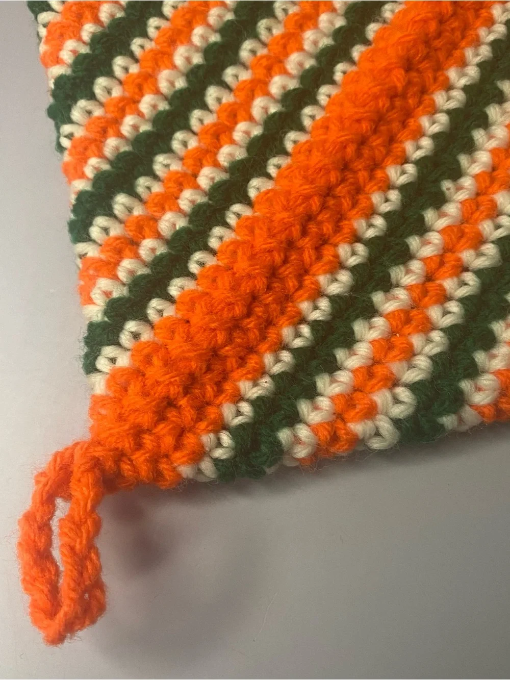 Handmade Crochet Pot Holders in Orange, Green & Cream 1970’s Retro Design